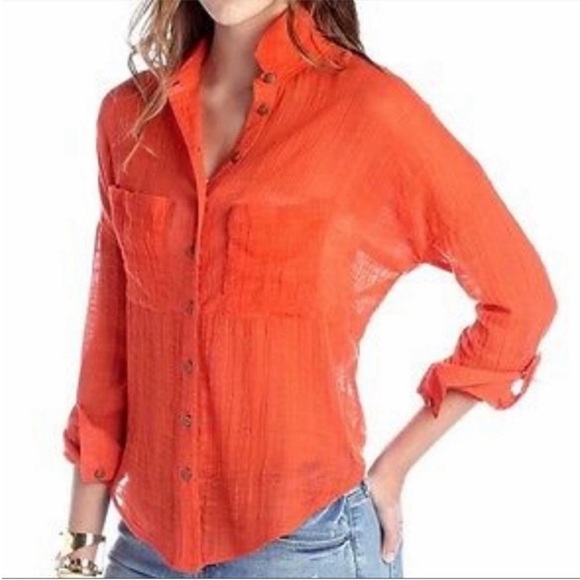 Free People Red Orange Gauzy Back Tie Boho top - Picture 1 of 10
